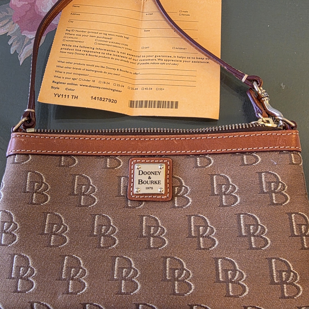 Dooney & Bourke Brown Signature Monogram Wristlet Bag with Tan Trim
